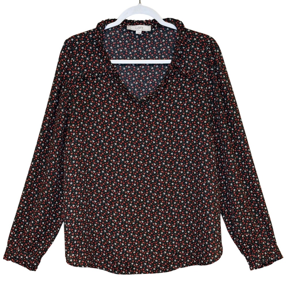 LOFT Womens Blouse Black Medium Long Sleeve Floral Print Ruffle Neck‎ V Neck Top